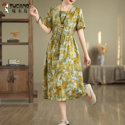 Vestido de algodón estampado de carpintero y lino de lino para mujeres Summer suelto de tamaño de cintura de tamaño de D para hacer lino casual y elegante estilo gris de longitud media XL recomendado 126-141Jin [Jin equivale a 0.5 kg]