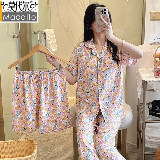 莫代尔棉绸睡衣女夏季带胸垫短袖开衫三件套冰凉感加大尺码家居服 G11150不带胸垫三件套 L [建议80-95斤]
