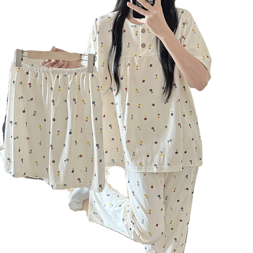 浪莎（LangSha）棉绸睡衣女春夏季纯棉短袖长裤甜美可爱可外穿棉家居服三件套装 QSM三件套-S761樱桃熊 短-袖+短- XL 【120-140斤】
