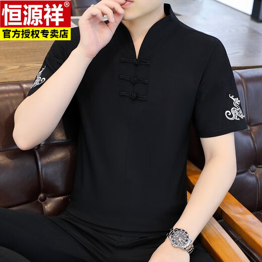 
Hengyuanxiang ice silk t-shirt men's short-sleeved 2025 new men's Chinese style V-neck half-sleeved summer thin Chinese style t-shirt E9871 black (ice silky slippery material) 5XL height 190-195 weight 200-220