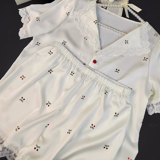 猫人（MiiOW）冰丝睡衣女三件套ins小樱桃蕾丝花边夏季新款短袖甜美少女家居服 LW-9214[短袖短裤] M [建议80-100斤]