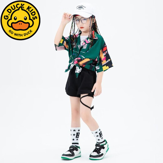 G.DUCKKIDS小黄鸭儿童街舞潮服夏季男童嘻哈衬衫套装毕业走秀服装女孩爵士舞 841男白短袖 110