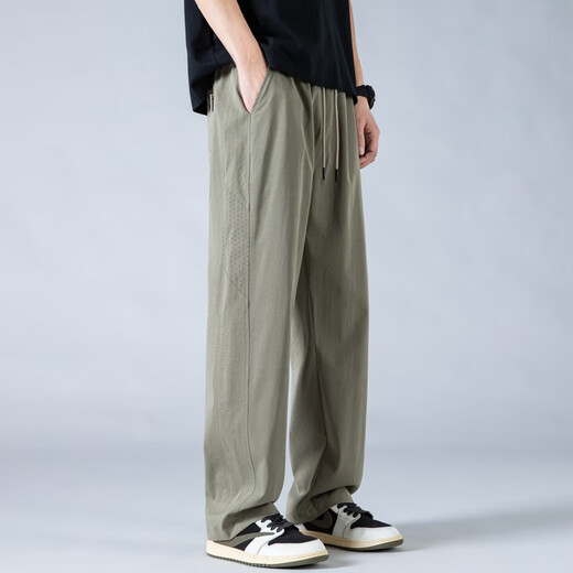 
POUM ice silk straight pants men's summer loose sports breathable drape wide-leg quick-drying pants 6636 military green 3XL