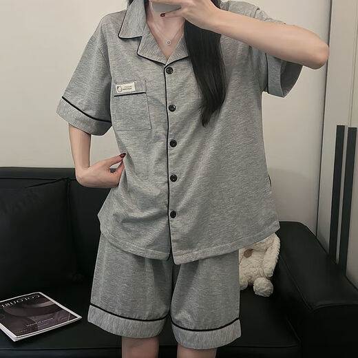 雅鹿韩版简约纯色纯棉睡衣女短袖短裤夏季两件套宿舍家居服套装 9903#黑色 M 80-100斤