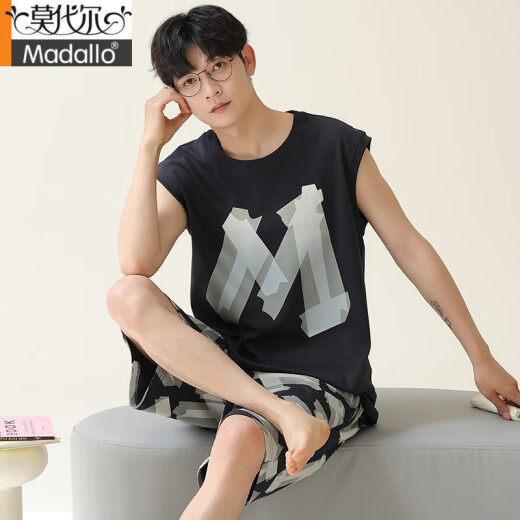 莫代尔男士睡衣夏季纯棉背心无袖薄款男款学生青少年大码家居服夏天套装 GEY-719 L 男【建议90-125斤】.