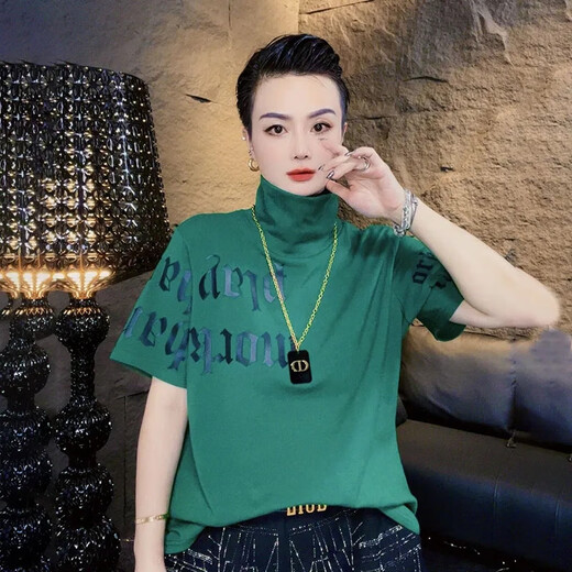 Départ Sky High Neck Clain Short Souche Femme Us d'été haut de gamme Goods européens Printemps et été à la mode à la mode imprimé High Cou Short Shirt Robe Femme Black [R Letter] 1283 # M convient à 80-105jin [Jin est égal à 0,5 kg] toutes taille