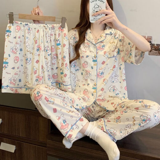 Liushan pajamas for women in summer new short-sleeved trousers pure cotton thin three-piece set sweet and cute student home clothes can be worn outside FS-14107 three-piece set M [75-95]