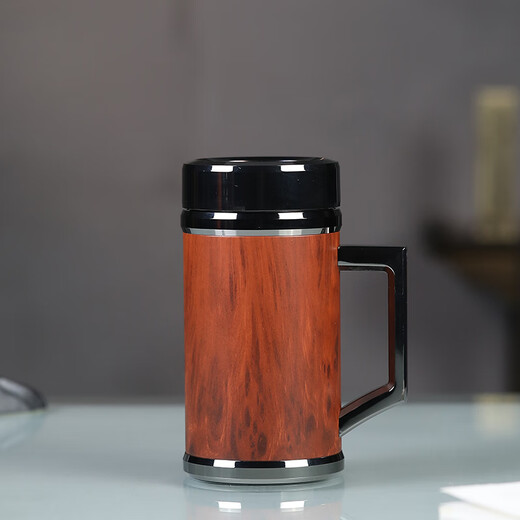 檀轩阁紫砂茶杯保温杯男士款高档办公室泡茶水杯送父亲老师礼品定制刻字 镜面红木纹手把杯-红皮盒装450ml