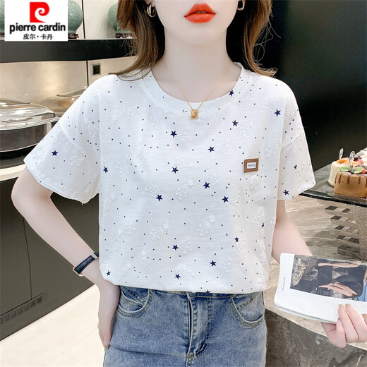 皮尔卡丹（pierre cardin）纯棉印花t恤女短袖夏装2025新款宽松印花设计感百搭体恤上衣潮 1396#白色 S 适合80-99斤