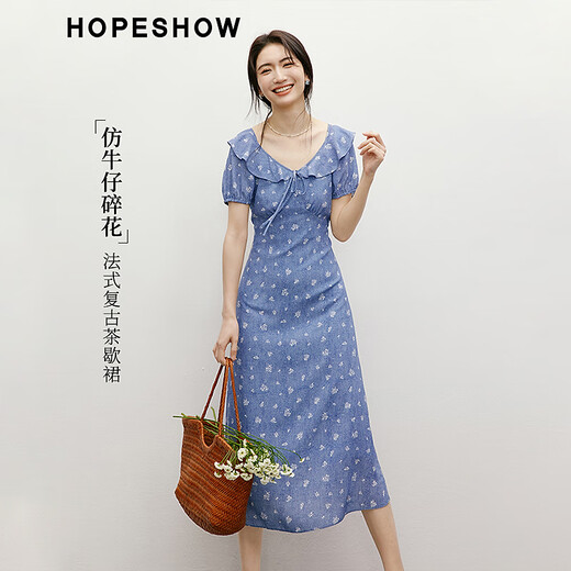 Rothülse Blumenkleid 2025 Sommer Neue Frauenkleidung vor Schulter Puff Ärmel Taille V-Ausschnitt Denim Japanischer Puppenrock Denim Blue Flower 677 m