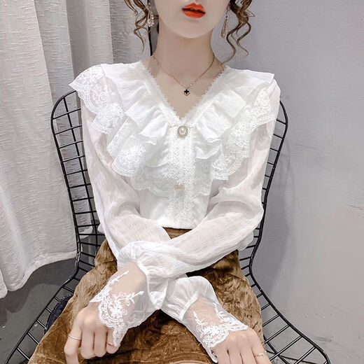 
Yu Zhaolin (YUZHAOLIN) [2694 people collect] 2025 summer new short-sleeved T-shirt for women's tops fashionable lace ruffled V-neck shirt white short-sleeved L