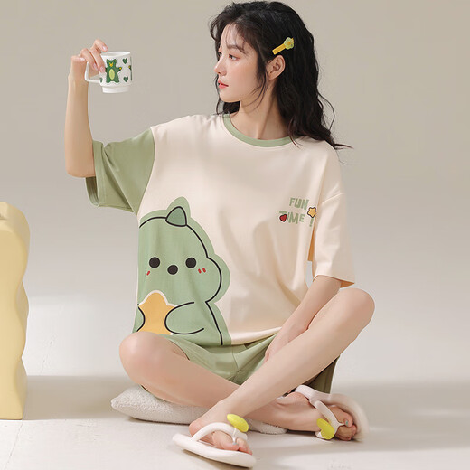 Jingpufei versión coreana suelta de pijamas de manguito corto MM MM Summer Outter Wear Traje de ropa para el hogar 2025 679 Dinosaurio verde 170 m Código [Recomendado 80-90Jin [Jin iguala 0.5 kg]]]