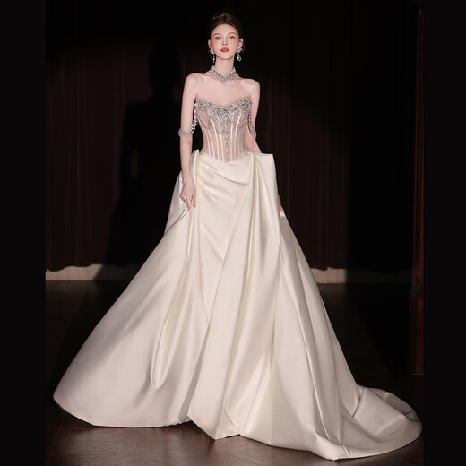 La nouvelle robe de mariée légère en satin française à une épaule de Qinchi pour les femmes 25 Nouveau style Bridal Small-und Tail Bienvenue Blanc Small Liviling Tail Veil + Gants xl Single Taille