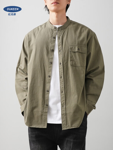 Duken heavy cotton stand-up collar shirt men's long-sleeved spring and autumn solid color high-end workwear Henry collar round neck shirt jacket white heavy cotton/stand-up collar design M (suitable for 90-110 Jin Jin equal to 0.5 kg)