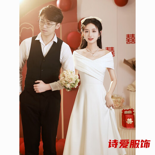 
Dongjing one-shoulder white evening dress can be worn usually with engagement dress wedding dress bride registration white dress white long 3663 L