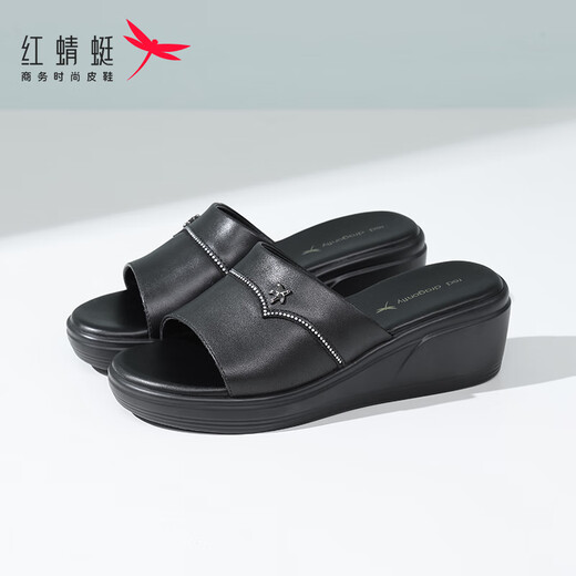 红蜻蜓拖鞋女厚底夏季真皮一字拖家居厚底增高水钻外穿皮拖鞋妈妈凉拖鞋 黑色（跟高6cm） 35