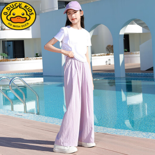 
G.DUCKKIDS little yellow duck girl summer suit children's short-sleeved pants fashionable medium-large children's summer suit casual girl fashion 9889 white + 15106 purple [set] 160 cm