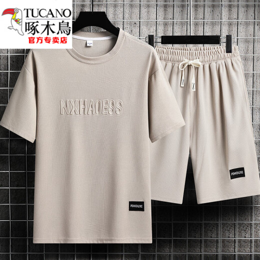 啄木鸟（TUCANO）男士夏季套装青少年短袖t恤薄款冰丝两件套休闲运动服五分短裤子 套装-TZ829军绿【上衣+裤子】 M 建议90-110斤