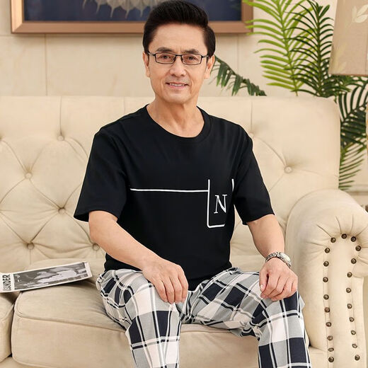 啄木鸟（TUCANO）棉质夏季短袖长裤男士睡衣中年爸爸套头休闲套装老年人薄款家居服 NXF9711 XL 码(建议140-160d