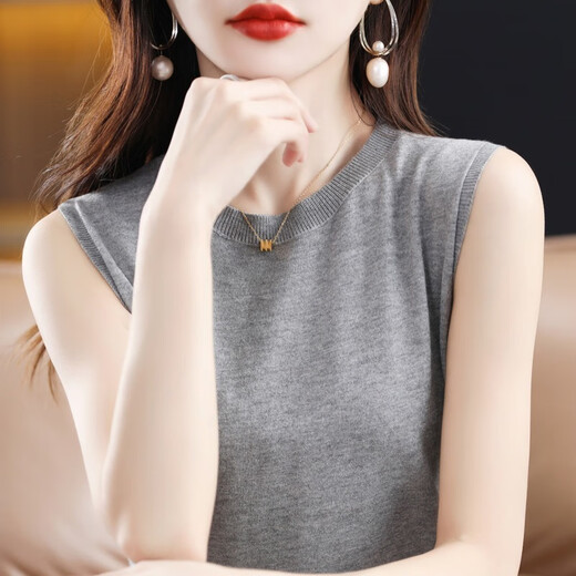 Holzspecker-Strick-T-Shirt für Frauen im Sommer Neue lose innere ärmellose obere Weste Vielseitige Basishemd Hemd bedecken Bauch Frauenkleidung 654 Grau XL