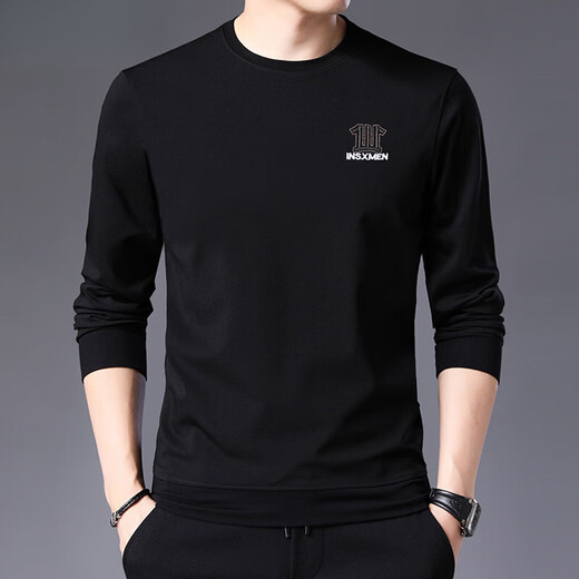FALAMONE Armani men's long-sleeved T-shirt middle-aged printed sweatshirt spring and autumn round neck T-shirt base shirt trend black DY9902 [Spring and autumn style] 3XL 185