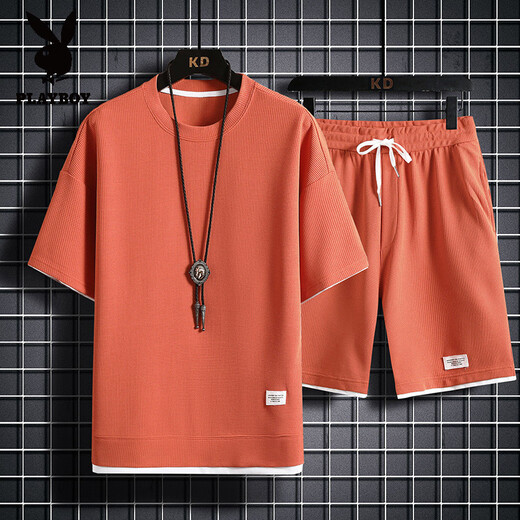 花花公子（PLAYBOY）重磅华夫格短袖T恤男夏季宽松大码运动短裤套装工作服圆领透气潮 829黑色【套装】 M 100-120斤