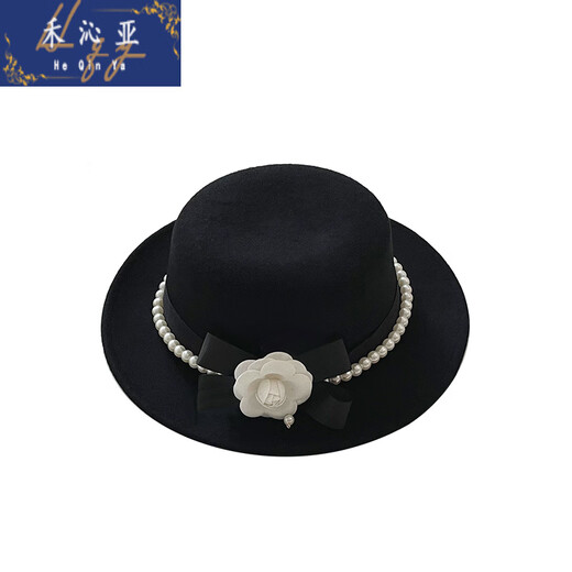 Heqinya camellia sun hat top hat British French elegant pearl edge hat photo studio enlarged brim hat black adjustable