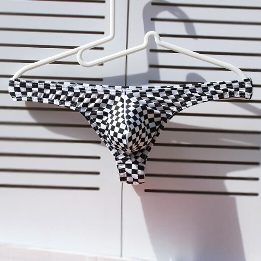 Mr. Omiya men's thong with concave and convex large bladder belt sexy bikini triangle cotton low-waist plaid underwear for men black and white plaid thong M