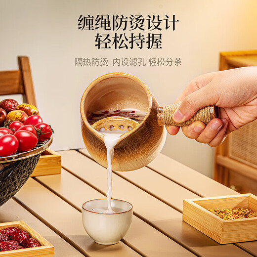 Recommended purchase and sale: Coarse pottery pot for cooking tea around the stove, roasted milk tea pot, ceramic side-handled teapot, large capacity, dry-firing, Moyu electric ceramic stove + Yueru striped side-handled pot + 4 cups
