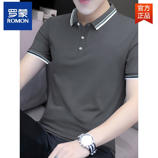 罗蒙（ROMON）翻领碳灰色夏季时尚潮流pol.o衫男装纯棉短袖t恤工作服打底衫 碳灰色S5012款 刺绣翻领 M 85-110斤