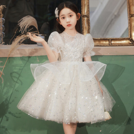 CamalgOri女童花童礼服女婚礼公主裙高端钢琴演奏小孩花生日蓬蓬纱演出服装 白色礼服+金色手工皇冠(秒发 110 (标准码数-勿贪大)