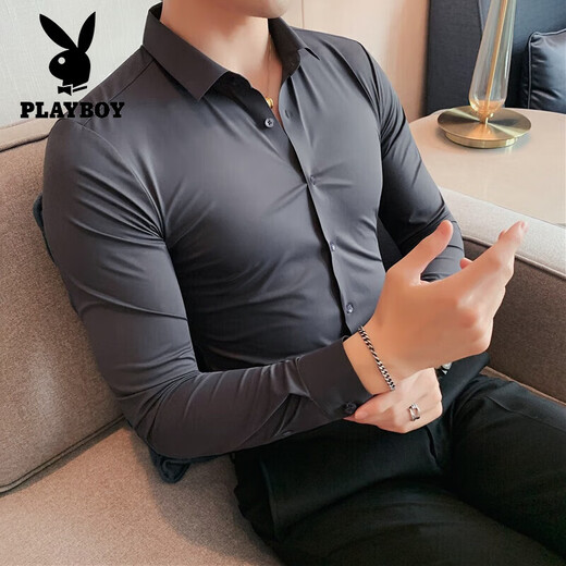 Playboy (Playboy) Camisa blanca sin textura de alta gama Camisa delgada de manga larga de manga larga sin hierro Camisa de boda para hombres casuales White L 115-125Jin [Jin iguala 0.5 kg]