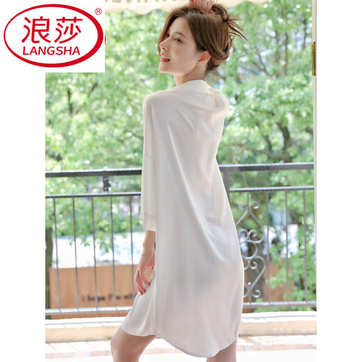 浪莎（LangSha）冰丝睡裙女春夏季情调衣薄款男友风时尚衬衫宽松款大码性感睡衣 白色 724 XL 170 140-150斤