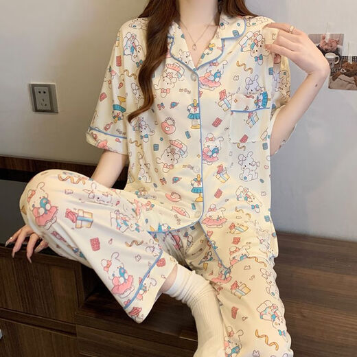 Liushan pajamas for women in summer new short-sleeved trousers pure cotton thin three-piece set sweet and cute student home clothes can be worn outside FS-14107 three-piece set M [75-95]