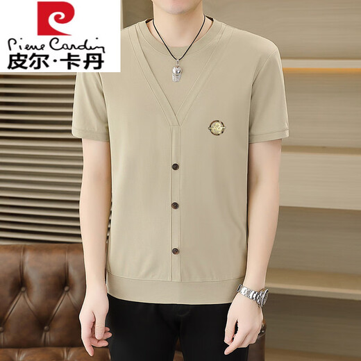 皮尔卡丹（pierre cardin）夏季新款冰丝针织假两件短袖T恤男修身痞帅凉感薄款半袖体恤上衣 6626卡其色 XL 125-140斤