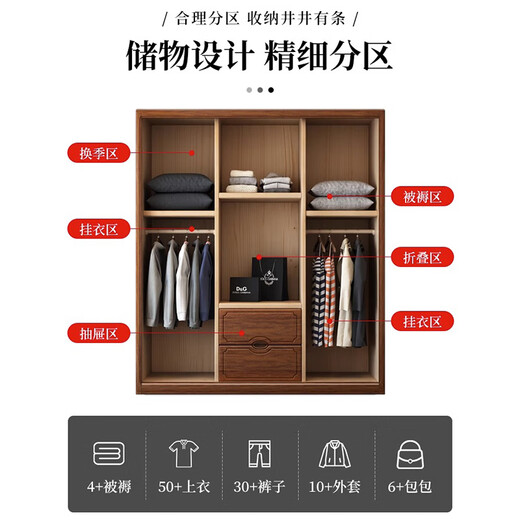 Youkaji Walnuss Massivholzgarderobe Moderne chinesische Schiebetür Viertüre Multifunktion großer Garderobengarderobe 829# Viertüre + Top