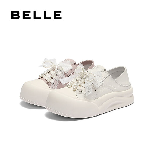 百丽（Belle）可两穿板鞋女2025秋季新款可爱蝴蝶结厚底增高休闲鞋B2629CM5 米白色 37 (235mm)