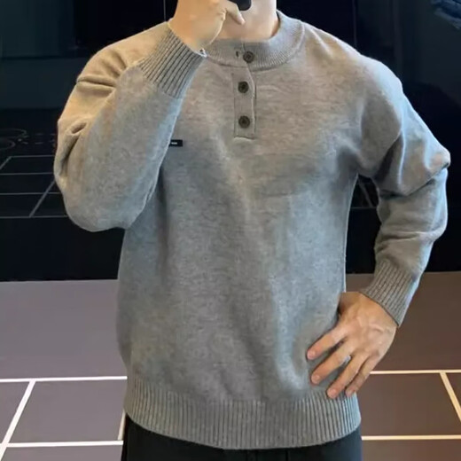 IRONTRAP heavy henley collar pullover sweater bottoming sweater long-sleeved sports casual T-shirt men's autumn and winter gray L