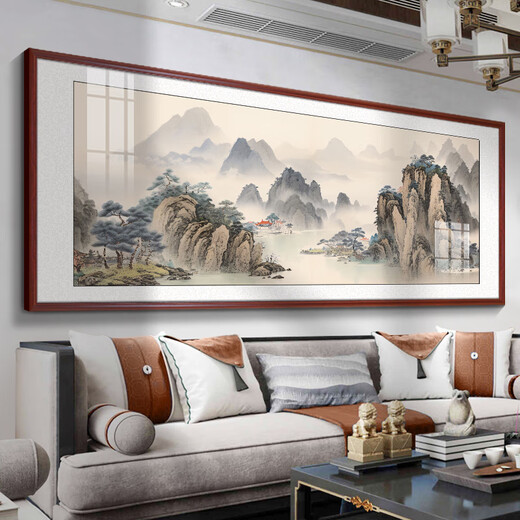 Landscape painting, living room hanging painting, new Chinese style sofa background wall decoration painting, tea room office mural, ink painting, Jiangshan Ruhua 120*50CM aluminum alloy high-end black frame