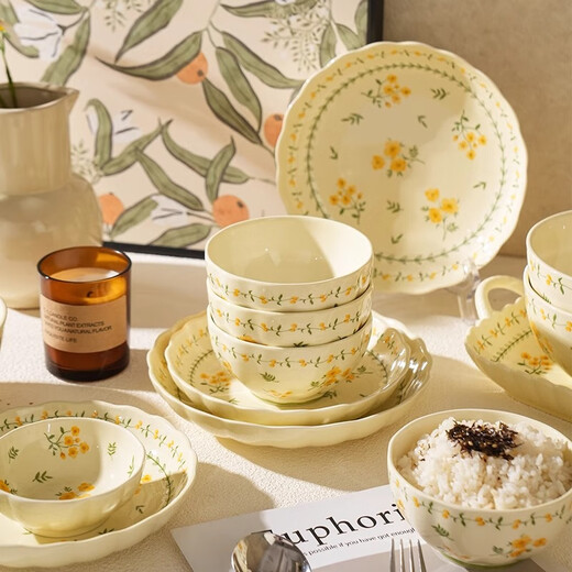 Persson underglaze color bowl and plate set household small fresh ceramic bowl and plate set combination housewarming gift tableware complete set spring cute 2-person meal 7-piece set
