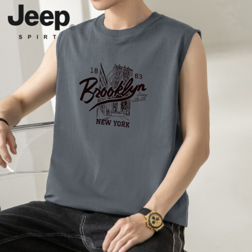JEEP SPIRIT美式复古纯棉无袖t恤夏季薄款青年跨栏运动背心印花坎肩短袖潮 M18-T672军绿色 XL