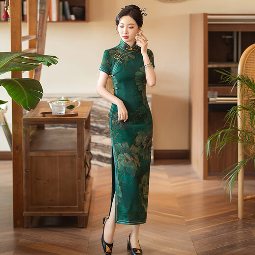 康美诗绿色国风长款改良旗袍2025新款女中式复古修身气质妈妈装日常可穿 17060红 2XL