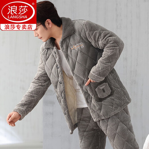 Langsha Pyjamas Herren Dreischicht verdickte Korallenletze-Baumwoll-Flanell-Home-Kleidungsstück Herbst- und Winterstil 826-Drei-Schicht + dicke Baumwolle l [100-125jin [Jin gleich 0,5 kg]]]