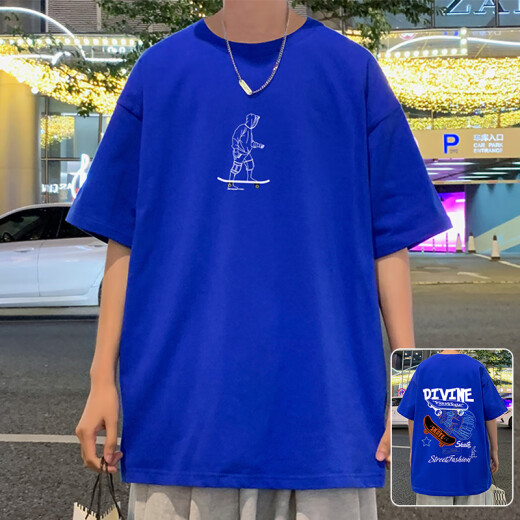 GTYUWVG纯棉T恤男潮牌潮流休闲宽松圆领短袖男生青少年夏季新款百搭体恤 3892蓝色 M 约100-120斤可穿