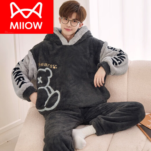 
Catman (MiiOW) coral velvet pajamas for men autumn and winter style plus velvet thickened teenagers big children large size winter home clothing set XQ 9926 chinchilla M is x men's style L (suitable for height of about 170c,