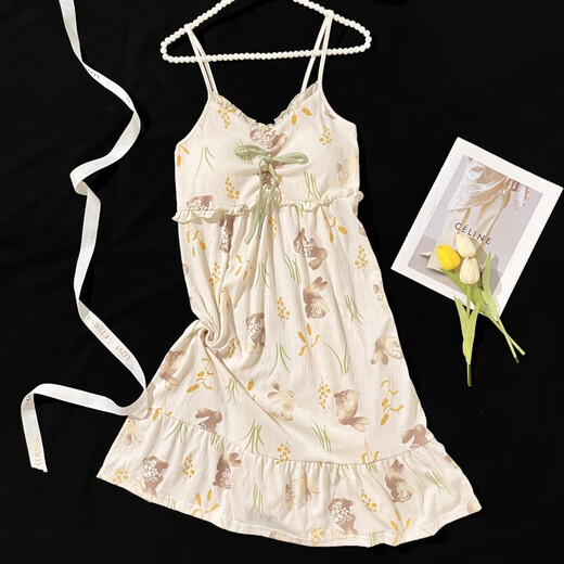 
Single Nanwei summer new knitted cotton nightgown with breast pad sexy suspender midi skirt sweet and cute style home clothes nightgown 687-1 2XL