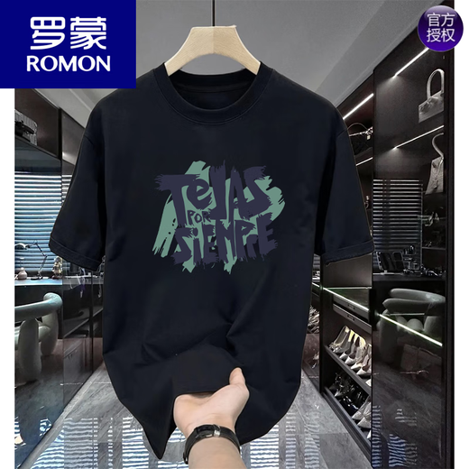 ROMON American style handsome pure cotton printed short-sleeved luxury T-shirt for men's summer fashion brand street loose round neck half-sleeved black [K854 TEJAS] S S Recommended 90-100Jin [Jin equals 0.5 kg]