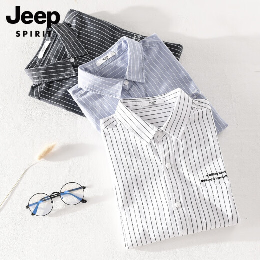 JEEP SPIRIT吉普夏季薄款男士翻领短袖t恤棉T宽松衬衫领上衣服带领条纹体恤 yunyi-9740浅蓝色 XL