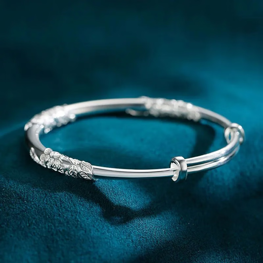 BZK Flowers Like Brocade Silver Bracelet Women's Solid Push-Pull Silver Bracelet for Elderly Gift 9999 Pure Silver-Flower Push-pull Style 25g