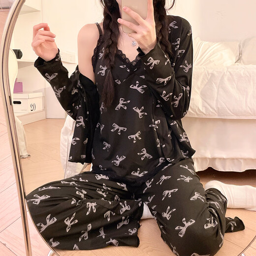 Ziwei Qifeng Hosenteil Pyjamas für Frauen mit Brustpolstern für Frühlings-Langarmjacke Hose Spitze Spitze Home Kleidungsstück Z13803# Graues Drei-teiliger Set 170 m Vorschlag 80-100